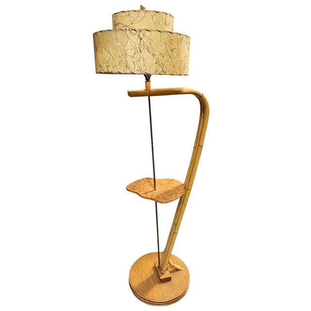 Mid-Century Modern 1950s Mid-Century Modern Rattan Pole Floor Lamp W Side Table Whipple Stitch Fiberglass Shade - Restored For Sale - Image 3 of 7