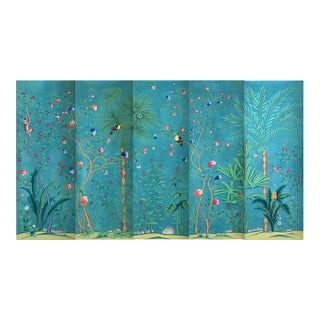 Hand Painted Teal Tropical Chinoiserie Jungle Animal Mural Panel For Sale
