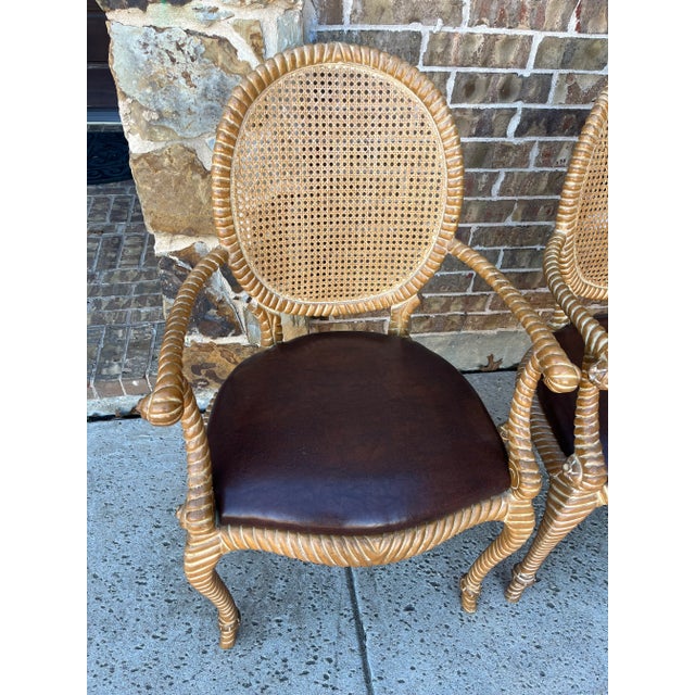 French Set of 2 (Only 1 Set Available) Twisted and Knotted Rope Motif Cane Back Arm Chairs, 1970s, in the Style of Napoleon III and Comini and Modonutti For Sale - Image 3 of 12