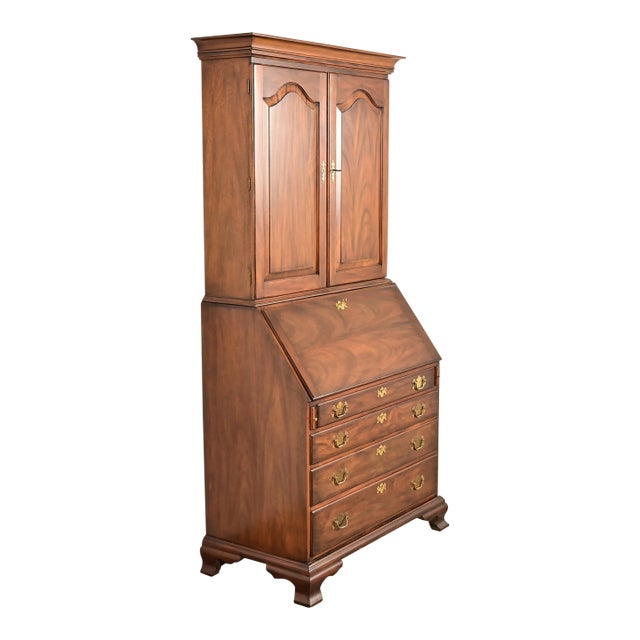 Henkel Harris Georgian Solid Mahogany Drop Front Secretary Desk With Bookcase Hutch, 1969 For Sale