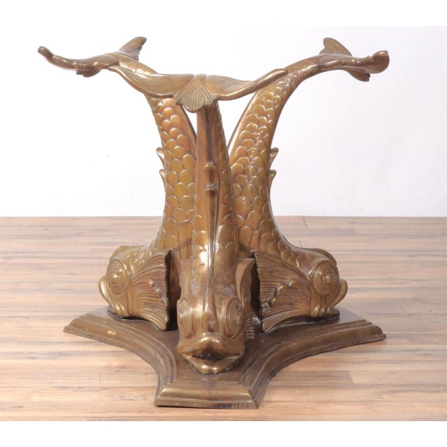 Mid-Century Modern Round Glass Top Dining Table With a Three Dolphins Solid Brass Base. Mid Century Modern Meets For Sale - Image 3 of 7