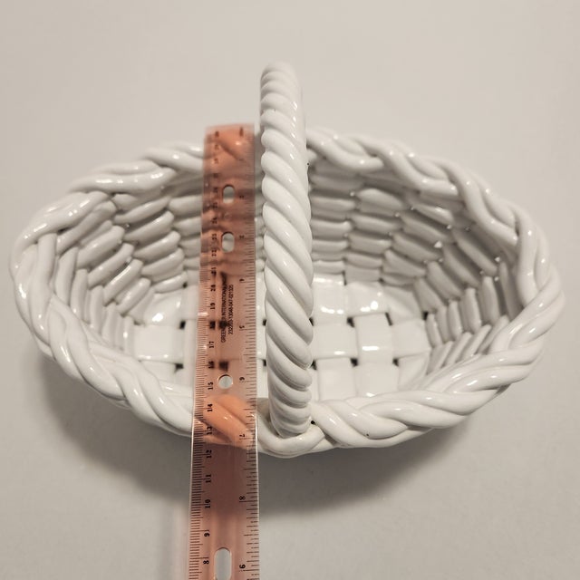 Vintage Mid-Century Italian White Woven Ceramic Lattice Basket With Rope Handle Majolica Style For Sale - Image 9 of 11