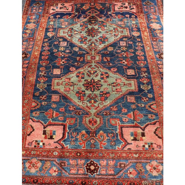 Textile Antique Persian Karajeh Rug With Geometric Medallions in Green, Blue, and Red 5'2 X 7'10 For Sale - Image 7 of 14