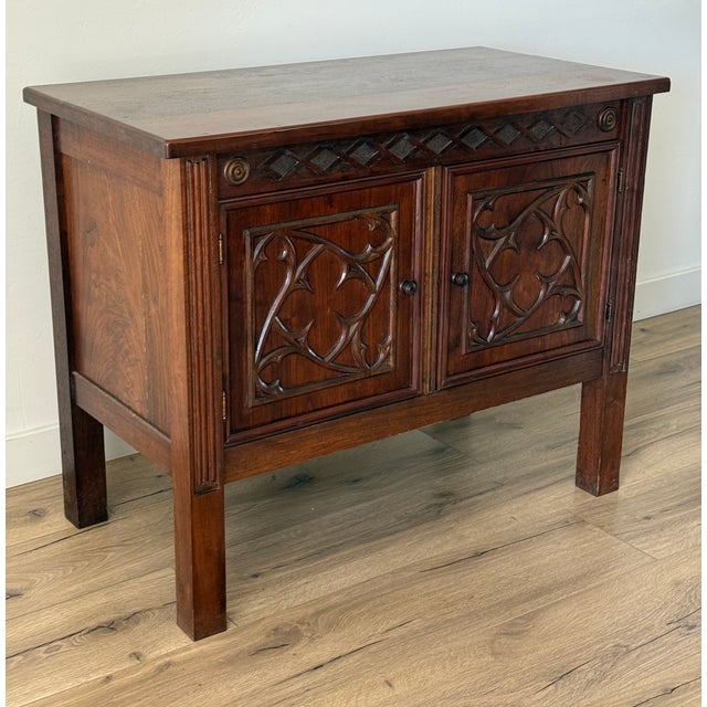 Gothic Revival Hand-Carved Walnut Cabinets/Side Tables - Pair For Sale - Image 10 of 12