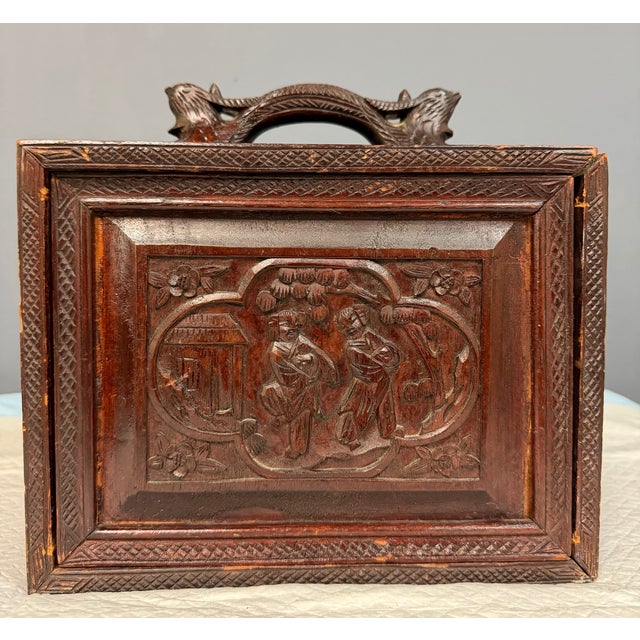 Antique Chinese Mahjong Set in Carved Dragon-Motif Wood Case, Early 20th Century For Sale - Image 4 of 15