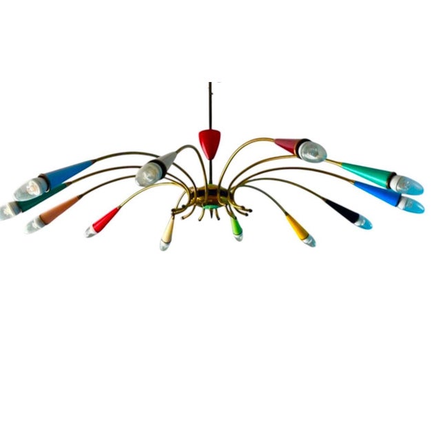 Large Italian 12 Arm Spider Chandelier in Brass attributed to Stilnovo, Milan, Italy, 1950s For Sale - Image 4 of 6