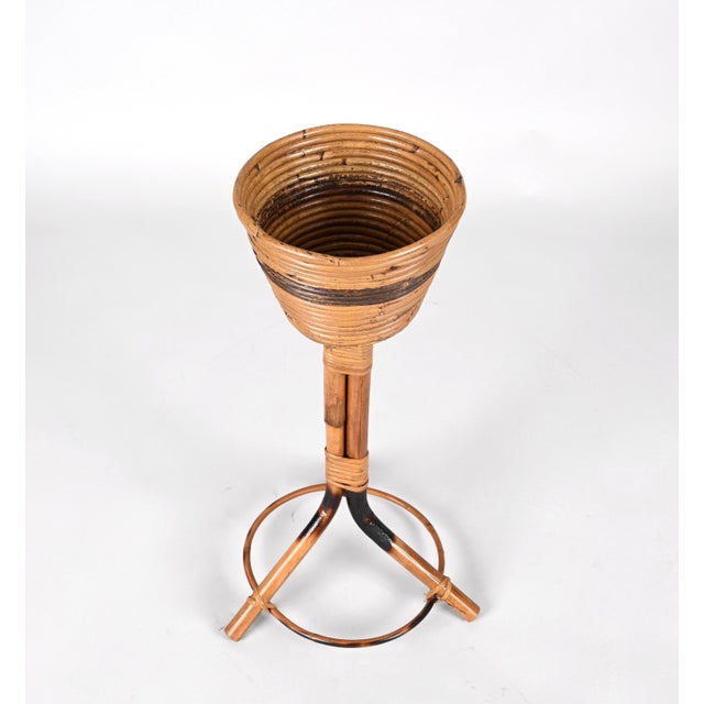 Mid-Century Italian Round Bamboo Cane and Rattan Plant Holder, 1950s For Sale - Image 4 of 18