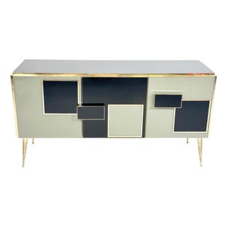 Italian Sideboard in Wood Glass and Brass For Sale