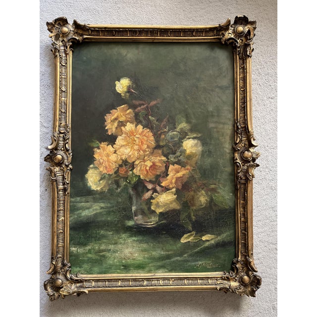 Forest Green A. Pricelius, Floral Still Life of Roses in Glass Vase, 1930s, Oil Painting For Sale - Image 8 of 10