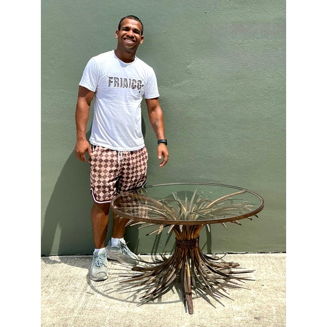 Vintage Distressed Gilt Metal and Glass Wheat Sheaf Table For Sale - Image 9 of 13
