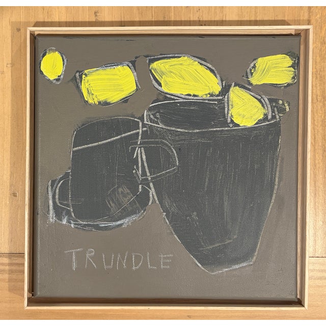 An abstracted still life of with lemons on a choclately- charcoal grey/ mink colored back ground. Acrylic on canvas, 12 x...