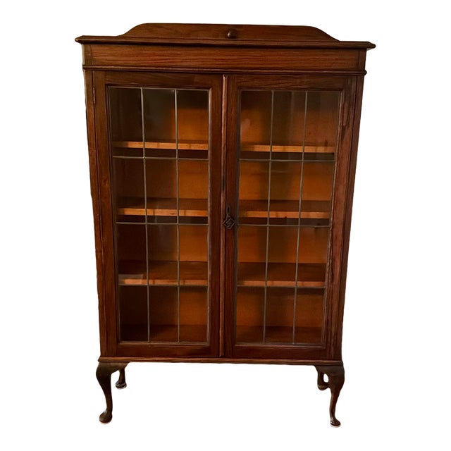 Antique Queen Anne English Oak Leaded-Glass Bookcase / Display Cabinet For Sale