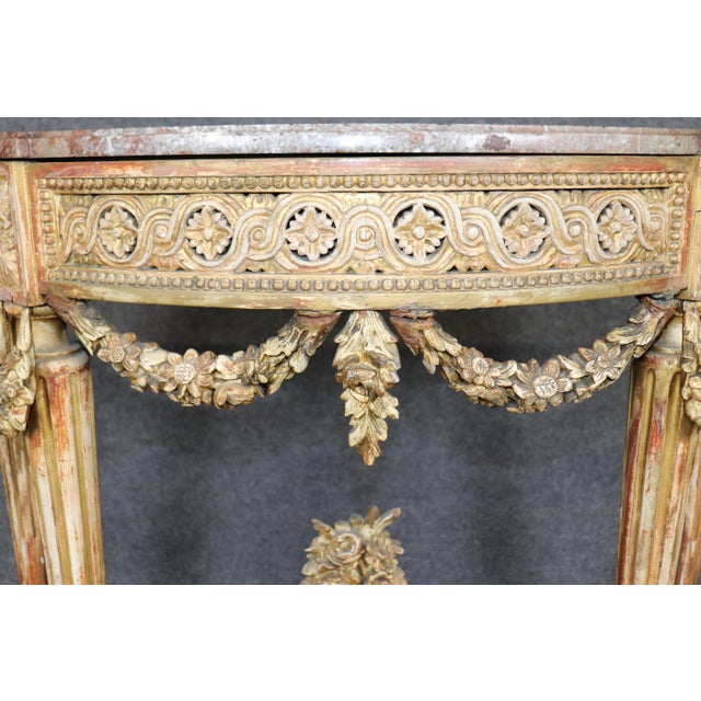 19th Century French Louis XVI Style Distressed Demilune Marble Top Console Table For Sale - Image 11 of 15