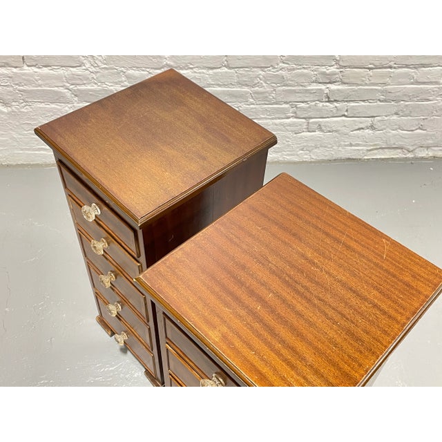Pair of Federal Style Narrow Mahogany Dressers | 1920's Skinny Nightstands Glass Knobs For Sale - Image 13 of 13