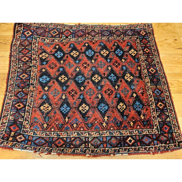 Vintage Persian Kurdish Saddlebag Bagface Tribal Rug, Hand-Knotted Wool, Geometric Pattern, Burgundy & Navy, 2x2 For Sale - Image 9 of 10