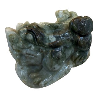 1900s Chinese Natural Du Shan Jade Carving Wealth Yuanbao Pixiu Beast Sculpture 3.5in For Sale
