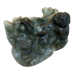 1900s Chinese Natural Du Shan Jade Carving Wealth Yuanbao Pixiu Beast Sculpture 3.5in