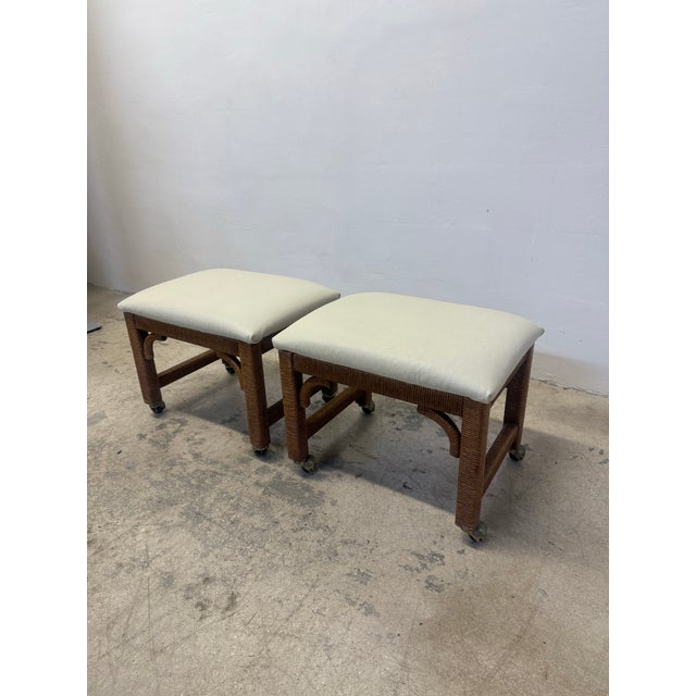 Mid-Century Modern Mid-Century Leather and Wicker Footstools on Caster by Henry Link - A Pair For Sale - Image 3 of 12