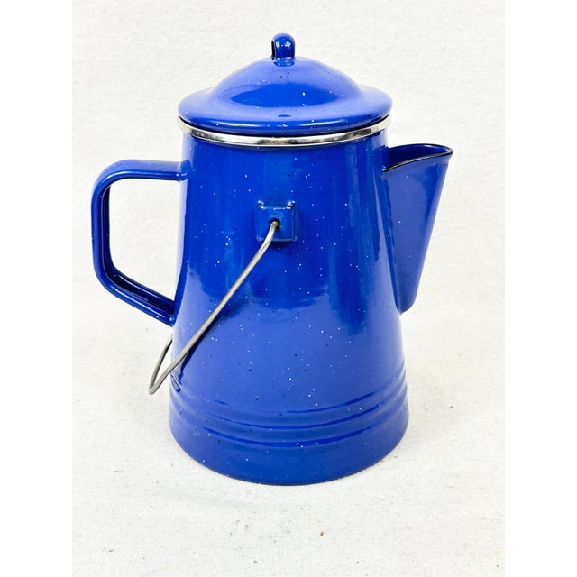 Late 20th Century Vintage Blue Speckled Enamelware Coffee Percolator Pot With Bail Handle For Sale - Image 5 of 10