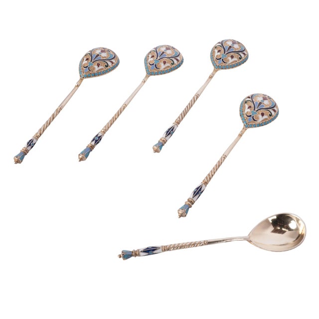 Antique Set Imperial Russian Silver Gilt Cloisonne Spoons Feodosii Pekin Moscow - 5 Pieces For Sale - Image 10 of 11