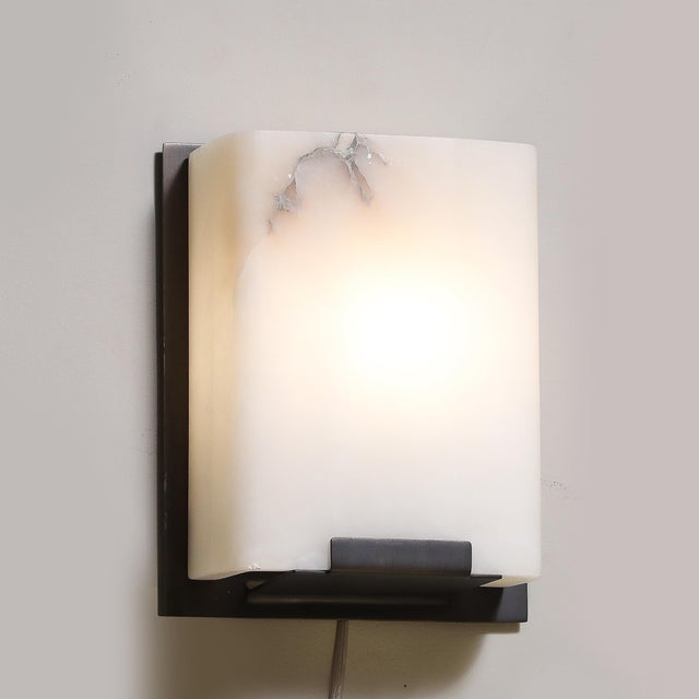 Pair of Modernist Alabaster & Oil-Rubbed Bronze Wall Sconces For Sale - Image 14 of 18