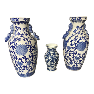 Large 14" Vintage Chinoiserie Blue & White Lotus Vases With Foo Dog Handles – Pair