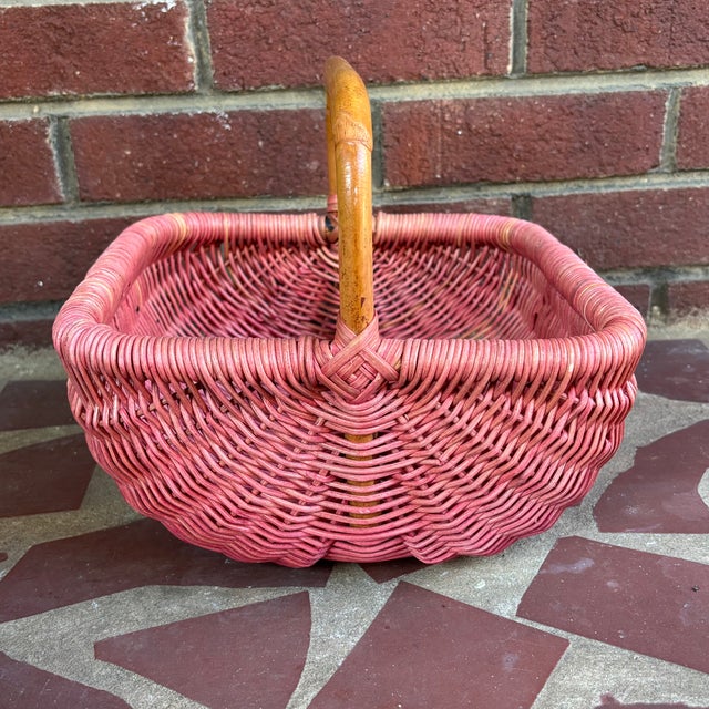 Pink Vintage Dusty Rose Painted Wicker Gathering Basket With Bamboo Handle For Sale - Image 8 of 8