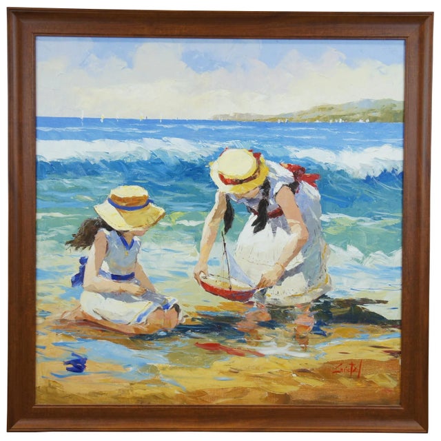 Late 20th Century Impressionist Style Mother and Child on a Beach Oil Painting by Martha Cristel, Framed For Sale - Image 13 of 13