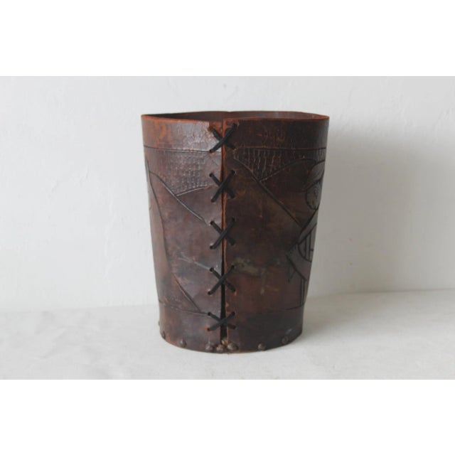 Late 20th Century Handcrafted Distressed Leather Nailhead Carved Peruvian Souvenir Wastebasket Vintage For Sale - Image 5 of 12