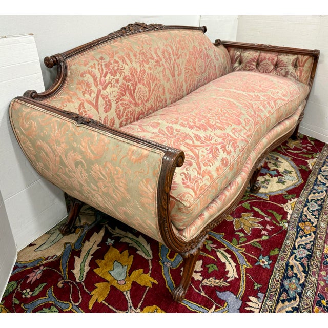 Ivory Antique Carved Mahogany Scroll Arm Sofa in Fortuny Upholstery For Sale - Image 8 of 11
