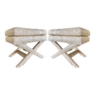 1980s Tone on Tone Foral Damask Billy Baldwin-Style Tufted “x” Ottomans, a Pair For Sale