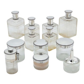 Toiletry Set in Silver and Cut Glass with Fluting at the Top, Set of 12 For Sale
