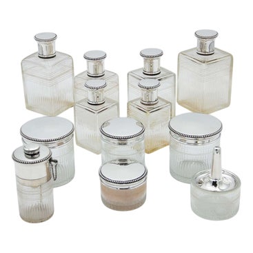 Toiletry Set in Silver and Cut Glass with Fluting at the Top, Set of 12 For Sale