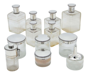 Toiletry Set in Silver and Cut Glass with Fluting at the Top, Set of 12