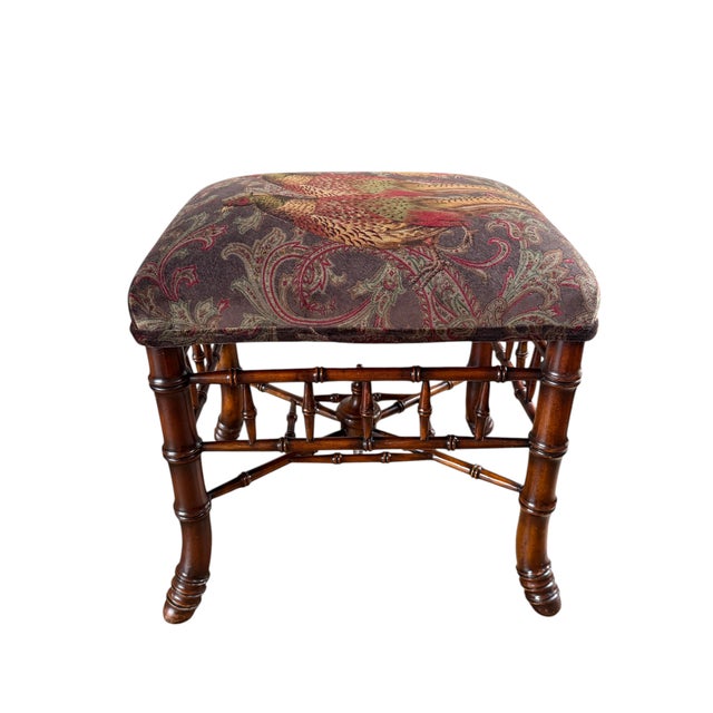 Chestnut Vintage Faux Bamboo Stool in Ralph Lauren "Hunting Manor Paisley" Fabric For Sale - Image 8 of 17