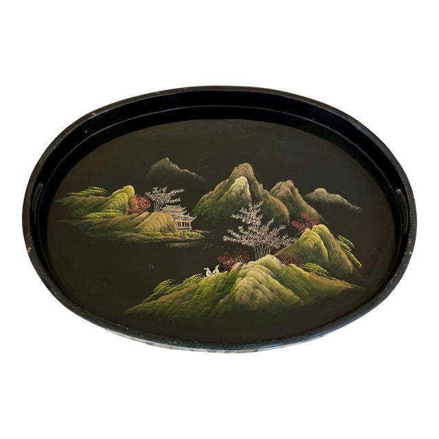 1960s Vintage Hand-Painted Lacquer on Wood Chinoiserie Landscape Tray For Sale