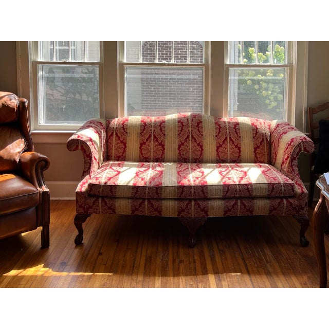 Red Chippendale-Style Camelback Sofa in Red & Gold Striped Damask With Claw-and-Ball Feet For Sale - Image 8 of 10