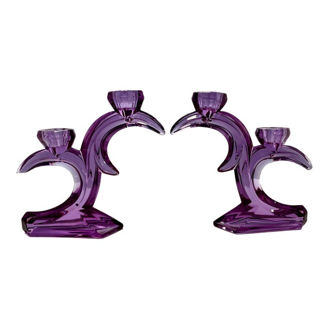 Vintage Crystal Glass Purple Alexandrite Candlestick Holders- Set of 2 For Sale
