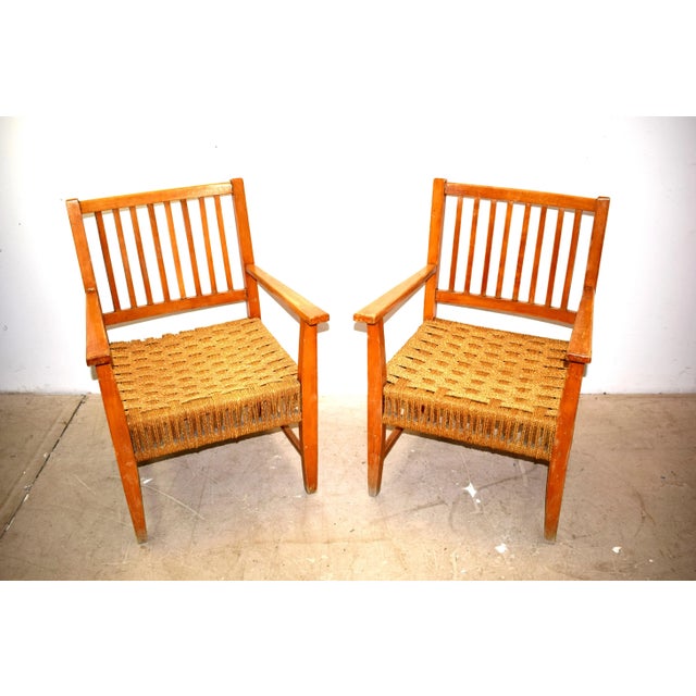 Mid-Century Modern Set of Italian Wood & Cord Lounge Chairs, 1940s For Sale - Image 3 of 15