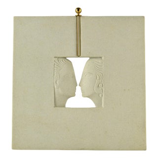 Vintage Silhouette Faces Carved in Stone Wall Relief, 1980s For Sale