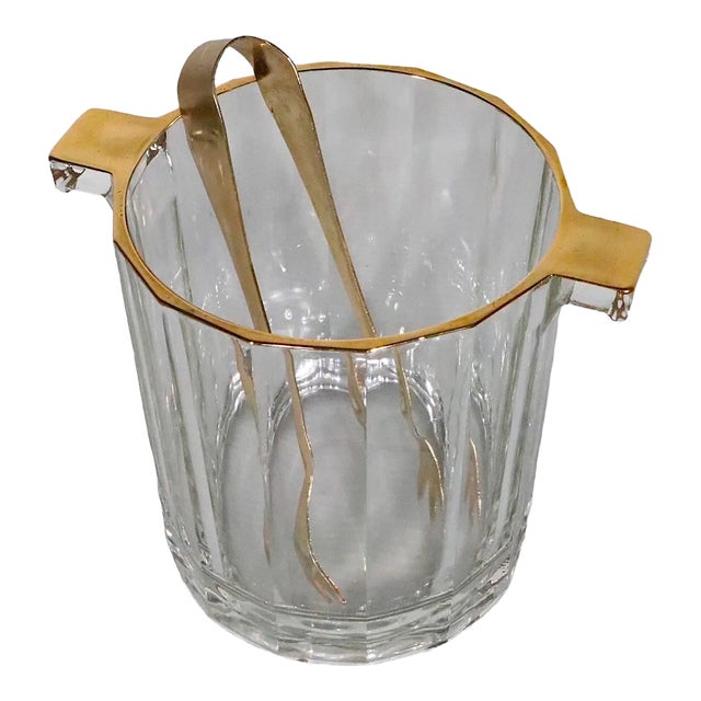 Hollywood Regency Faceted Glass Ice Bucket With Gold Trim Made in Italy C 1970's For Sale
