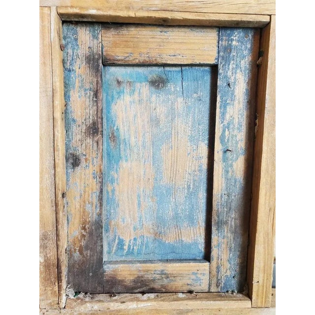 19th Century Small Rustic Mexican Farmhouse 19th Century Blue Painted Pine Architectural Salvage Window Frame & Panel Shutter For Sale - Image 5 of 11