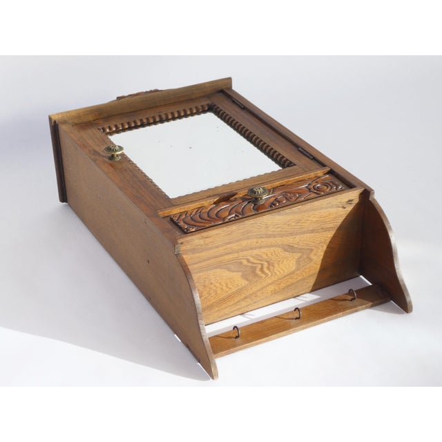 Small Wooden Apothecary Wall Cabinet with Mirror, Carved Floral Details and Drawer, 1940s For Sale - Image 9 of 11