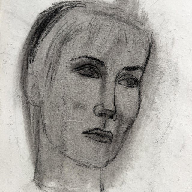 Mid Century Black and White Charcoal Portrait Drawing of a Woman With Short Hair - Signed For Sale - Image 9 of 10