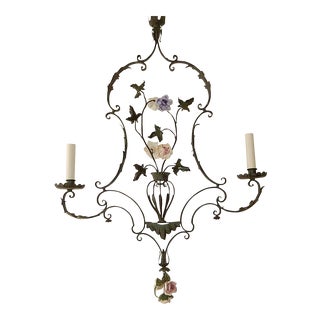 Big French Wrought Iron Porcelain Flowers, Vase & Tassel Chandelier, Circa 1880 For Sale