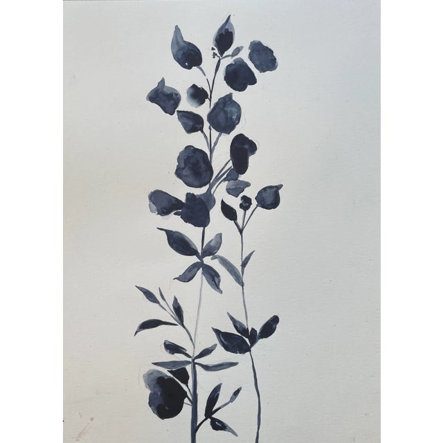 Original Botanical Watercolor 11x17 Titled "Études Botanique #25" in Indigo Blue For Sale