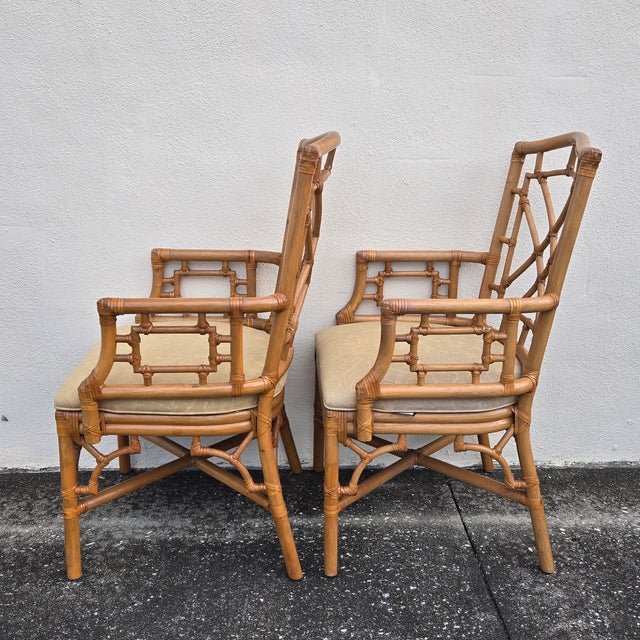 Late 20th Century Late 20th Century Lexington Chinese Chippendale Faux Bamboo Rattan Dining Arm Chairs, Set of 4 For Sale - Image 5 of 15