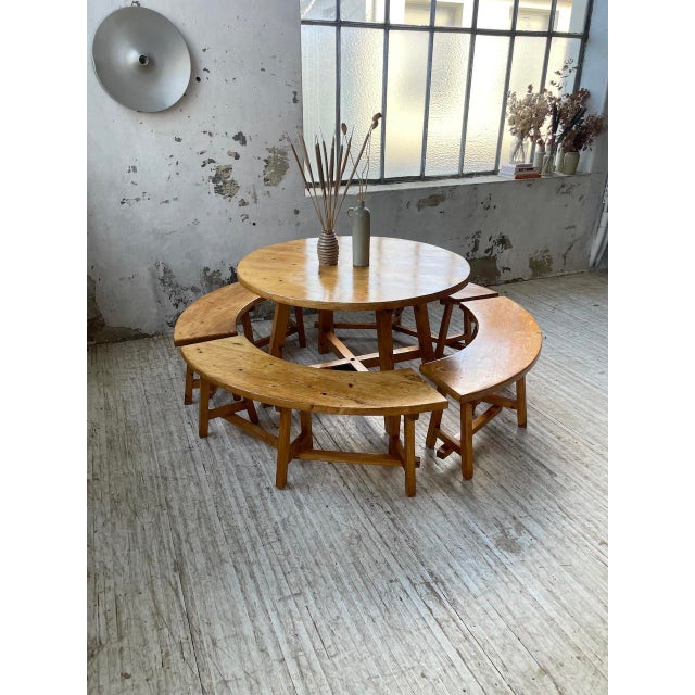 Round Table Set and Rounded Benches, 1950s, Set of 5 For Sale - Image 16 of 18