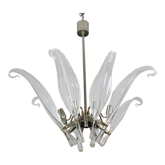 1980s Extraordinary Large Transparent Murano Glass Leaves Chandelier by Franco Luce For Sale