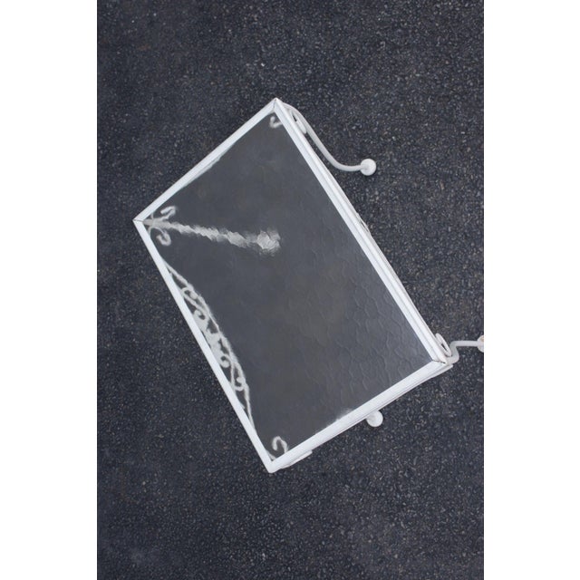 High Quality Wrought Iron Side Table With Rectangular Textured Glass Top And Decorative Scrollwork Apron. Raised On Curved...
